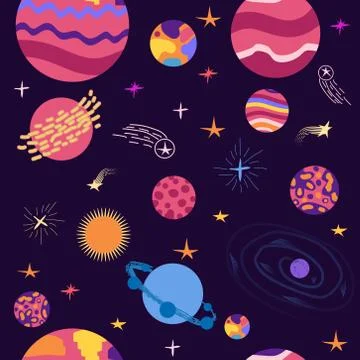 Seamless space pattern. Planets, rockets and stars. Cartoon spaceship Stockillustratie