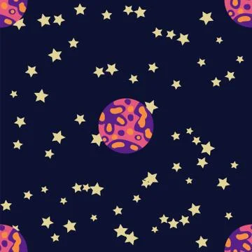 Seamless space pattern. Planets, rockets and stars. Cartoon spaceship icons.  Illustrazione stock