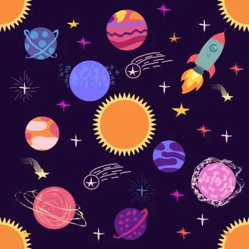 Seamless space pattern. Planets, rockets and stars. Cartoon spaceship Иллюстрация