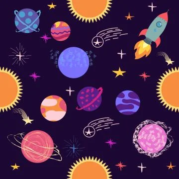 Seamless space pattern. Planets, rockets and stars. Cartoon spaceship Illustrazione stock