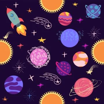 Seamless space pattern. Planets, rockets and stars. Cartoon spaceship Stock Illustration