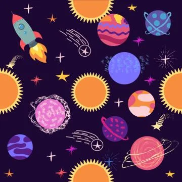 Seamless space pattern. Planets, rockets and stars. Cartoon spaceship Stock Illustration