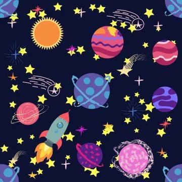 Seamless space pattern. Planets, rockets and stars. Cartoon spaceship Illustrazione stock