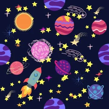 Seamless space pattern. Planets, rockets and stars. Cartoon spaceship Stockillustratie