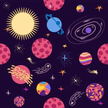Seamless space pattern. Planets, rockets and stars. Cartoon spaceship icons.  イラスト素材