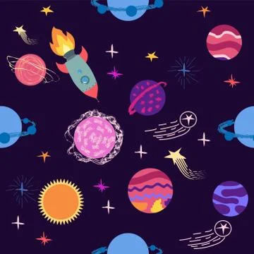 Seamless space pattern. Planets, rockets and stars. Cartoon spaceship icons.  Stock Illustration