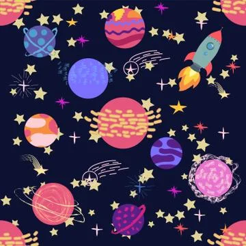 Seamless space pattern. Planets, rockets and stars. Cartoon spaceship icons.  Stock Illustration