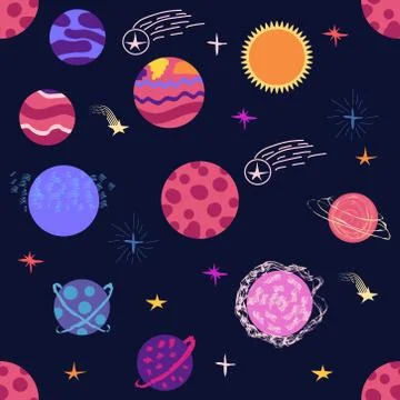 Seamless space pattern. Planets, rockets and stars. Cartoon spaceship icons.  Stock Illustration