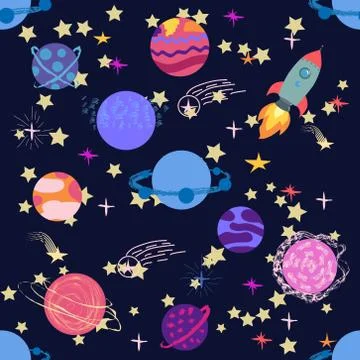 Seamless space pattern. Planets, rockets and stars. Cartoon spaceship icons.  Illustrazione stock