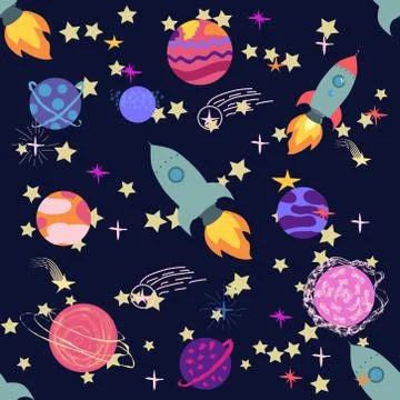 Seamless space pattern. Planets, rockets and stars. Cartoon spaceship icons.  Stockillustratie