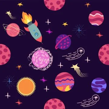 Seamless space pattern. Planets, rockets and stars. Cartoon spaceship icons.  Illustrazione stock