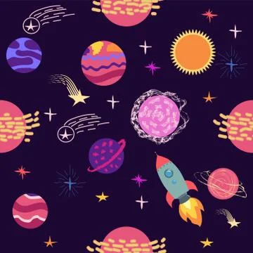Seamless space pattern. Planets, rockets and stars. Cartoon spaceship icons.  Illustrazione stock