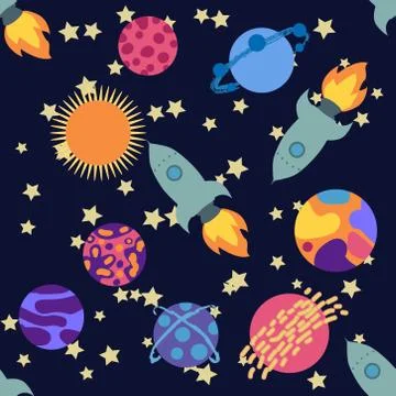 Seamless space pattern. Planets, rockets and stars. Cartoon spaceship icons.  イラスト素材
