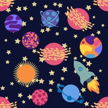 Seamless space pattern. Planets, rockets and stars. Cartoon spaceship icons.  Illustrazione stock