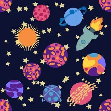 Seamless space pattern. Planets, rockets and stars. Cartoon spaceship icons.  Illustrazione stock