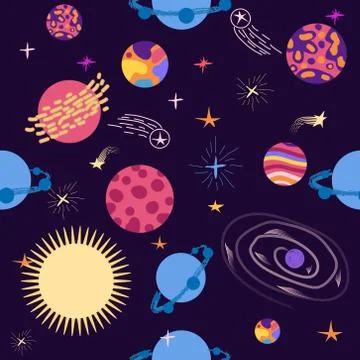 Seamless space pattern. Planets, rockets and stars. Cartoon spaceship icons.  Illustrazione stock