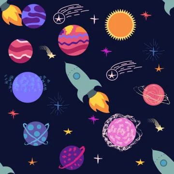 Seamless space pattern. Planets, rockets and stars. Cartoon spaceship icons.  Illustrazione stock