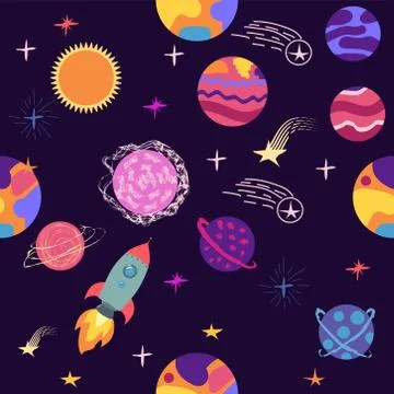 Seamless space pattern. Planets, rockets and stars. Cartoon spaceship icons.  Stock Illustration