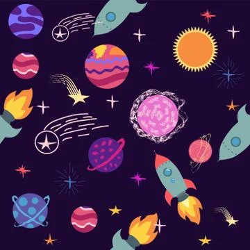 Seamless space pattern. Planets, rockets and stars. Cartoon spaceship icons.  Illustrazione stock