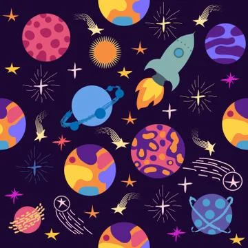 Seamless space pattern. Planets, rockets and stars. Cartoon spaceship icons.  イラスト素材