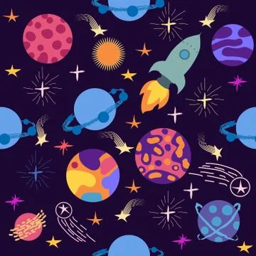 Seamless space pattern. Planets, rockets and stars. Cartoon spaceship icons.  Illustrazione stock