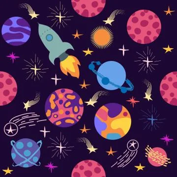 Seamless space pattern. Planets, rockets and stars. Cartoon spaceship icons.  イラスト素材