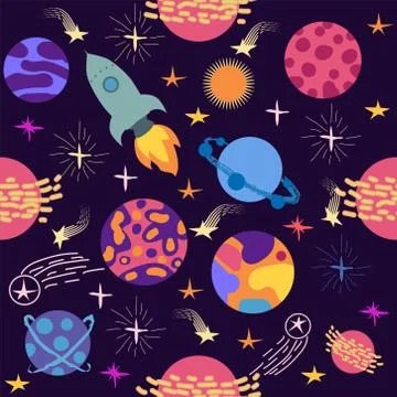 Seamless space pattern. Planets, rockets and stars. Cartoon spaceship icons.  스톡 일러스트