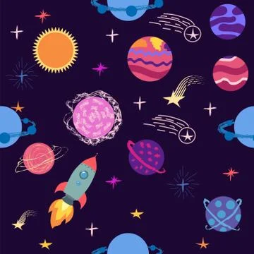 Seamless space pattern. Planets, rockets and stars. Cartoon spaceship icons.  Illustrazione stock