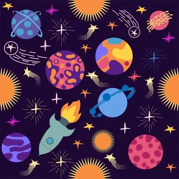 Seamless space pattern. Planets, rockets and stars. Cartoon spaceship icons.  Illustrazione stock