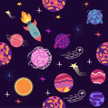 Seamless space pattern. Planets, rockets and stars. Cartoon spaceship icons.  Illustrazione stock