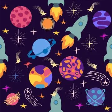 Seamless space pattern. Planets, rockets and stars. Cartoon spaceship icons.  Illustrazione stock