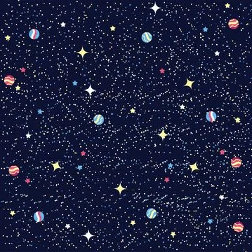 Seamless space pattern. Planets, rockets and stars. Cartoon spaceship. Childi Stock Illustration