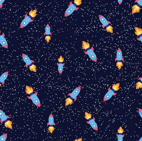 Seamless space pattern. Planets, rockets and stars. Cartoon spaceship. Childi Illustrazione stock