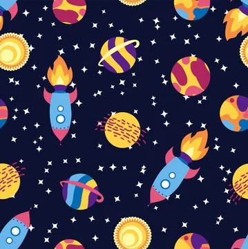 Seamless space pattern. Planets, rockets and stars. Cartoon spaceship. Childi Illustrazione stock