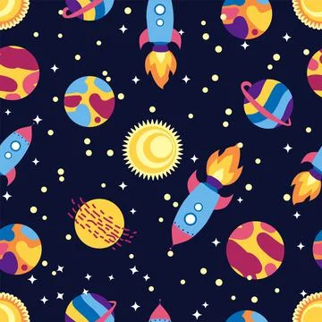 Seamless space pattern. Planets, rockets and stars. Cartoon spaceship. Childi Illustrazione stock