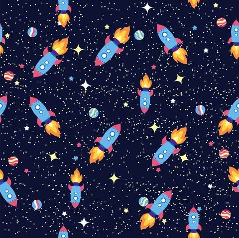 Seamless space pattern. Planets, rockets and stars. Cartoon spaceship. Childi Stock Illustration