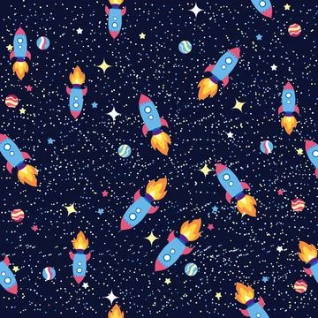 Seamless space pattern. Planets, rockets and stars. Cartoon spaceship. Childi Stock Illustration
