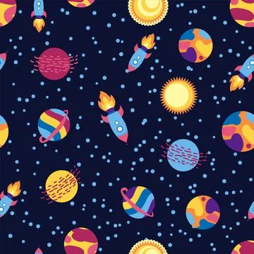 Seamless space pattern. Planets, rockets and stars. Cartoon spaceship. Childi Stock Illustration