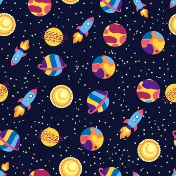 Seamless space pattern. Planets, rockets and stars. Cartoon spaceship. Childi Stock Illustration