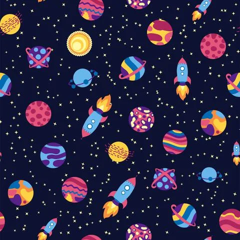 Seamless space pattern. Planets, rockets and stars. Cartoon spaceship. Childi Illustrazione stock