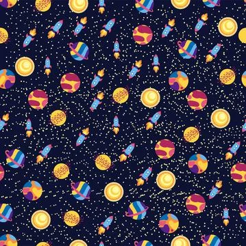 Seamless space pattern. Planets, rockets and stars. Cartoon spaceship. Childi Illustrazione stock