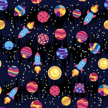 Seamless space pattern. Planets, rockets and stars. Cartoon spaceship. Childi Illustrazione stock