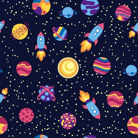 Seamless space pattern. Planets, rockets and stars. Cartoon spaceship. Childi Stock Illustration