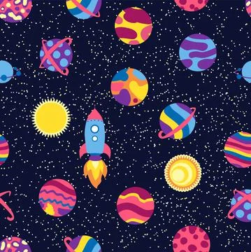 Seamless space pattern. Planets, rockets and stars. Cartoon spaceship. Childi Illustrazione stock