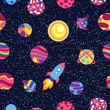Seamless space pattern. Planets, rockets and stars. Cartoon spaceship. Childi Stock Illustration