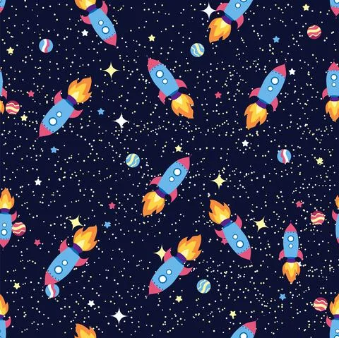 Seamless space pattern. Planets, rockets and stars. Cartoon spaceship. Childi Illustrazione stock