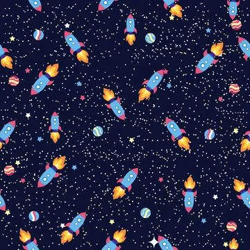 Seamless space pattern. Planets, rockets and stars. Cartoon spaceship. Childi Stock Illustration