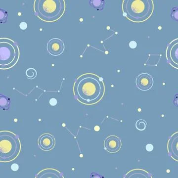 Seamless space pattern with planets, stars. Abstract cosmic background. Stock Illustration