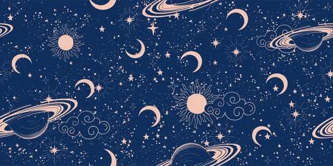 Seamless space pattern with planets, sun and clouds on a blue starry background Stockillustratie