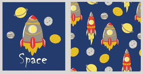Seamless space pattern with single elements: rocket, planets, Jupiter, Saturn Stockillustratie